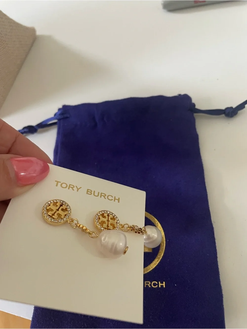 Tory Burch Gold Logo Drop Earrings with White Pearl Drops